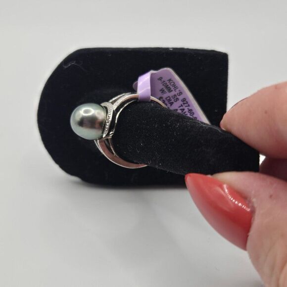 New Gray Tahitian Pearl Sterling Silver Rind Size 7 Diamond Accent 10mm - Picture 9 of 10